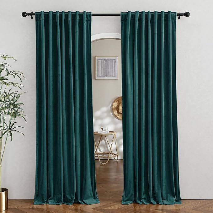 RYB HOME Velvet Curtains 90 inches Length, Back Tab & Rod Pocket Soft Fabric Curtains & Drapes for Bedroom Room Divider, Peacock Blue, W 62 x L 90, 2 Panels Set