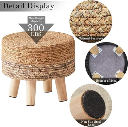 Wimarsbon Round Foot Stool Natural Seagrass Poufs Ottoman Hand Weave Footrest Stool for Couch Desk Extra Seat Step Stool with Solid Wood Legs for Hallway Patio Lounge Brown