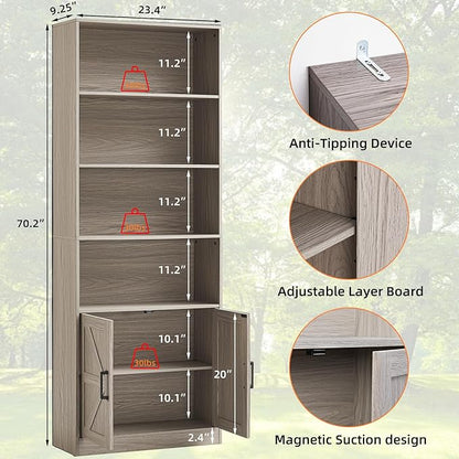 RWYHG 70in Tall Bookshelf 6 Tier Bookcase with Barn Doors and Adjustable Shelf, Oak Grey Farmhouse Book Shelves with Storage Cabinet, Wood Floor Standing Display Bookshelve for Bedroom, Living Room