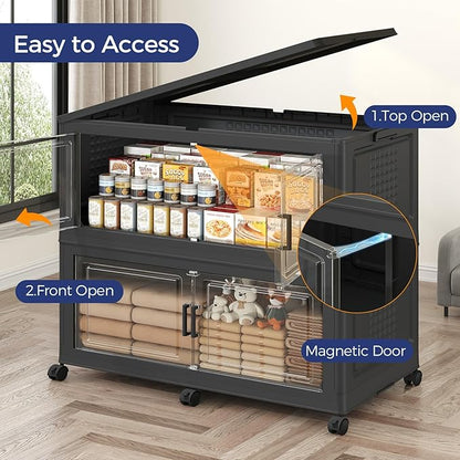200GAL Storage Bins with Lid and Wheels, Stackable Closet Organizers and Storage Drawer, Collapsible Storage Box with Dividers, Foldable Plastic Cabinets for Room, Kitchen, 4 Pack Black