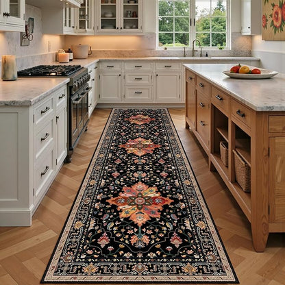 Area Rugs 2'x7' Washable Non-Slip, Floral Vintage Distress Print Pattern Medallion Carpet for Living Room Bedroom Dining Room, Black Colorful Floral Dark Tan