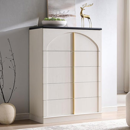 ACCOHOHO Modern 5 Drawers Dresser for Bedroom with Arched Panel,44" Tall Dresser for Closet with Metal Handles,Push-to-Open Wood Storage Closet Dressers Tv Stand for Living Room, Hallway,White
