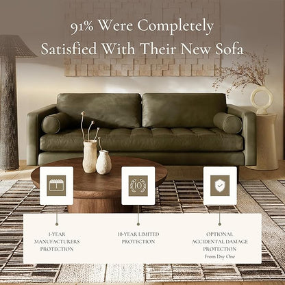 Poly & BARK Napa 88.5" Leather Sofa – Full-Grain Italian-Tanned Aniline Leather, Feather-Down Comfort, Solid Wood Frame, Walnut Legs, Olivine Green