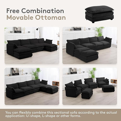 ROWHY 148'' Sectional Cloud Couch with 2 Ottomans, Oversized 4 Seat Sleeper Sofa with 2 Throw Pillows, Convertible Upholstered U Shaped Cozy Sofa Furniture Set for Living Room and Office, Black