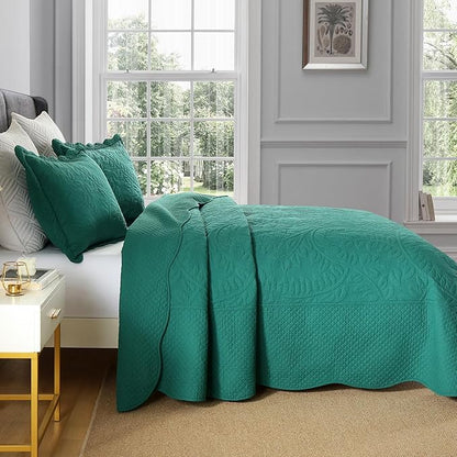 MarCielo 3-Piece 100% Cotton Oversized Bedspread Lightweight Quilt Coverlet Embroidery Farmhouse Bedding Set T0 (Emerald, Oversized Queen (100"x106"))
