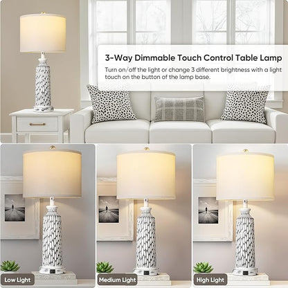 QiMH Table Lamp for Living Room,Bedside Lamps for Bedroom Set of 2 with USB A+C Ports,3-Way Dimmable Touch Control, Modern Coastal White Grey Resin Nightstand Lamp, Included 2700K LED Bulbs
