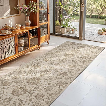 jinchan Torino Runner Rugs 3x8, Vintage-Inspired Floral Neutral Design Machine Washable Non-Slip Ultra-Thin Low-Pile Rubber Backing Traditional Rug for Kitchen Hallway Laundry Room Entryway Taupe