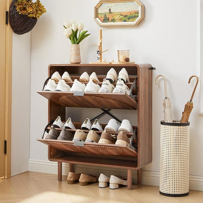 Turtle&Myrtle Modern Shoe Storage Cabinet for Entryway, Narrow Shoe Organizer Cabinet, 2-Tier Flip Down Drawers, Small Freestanding Hidden Wood Slim Shoe Rack,Round Fluted Pattern (Walnut)
