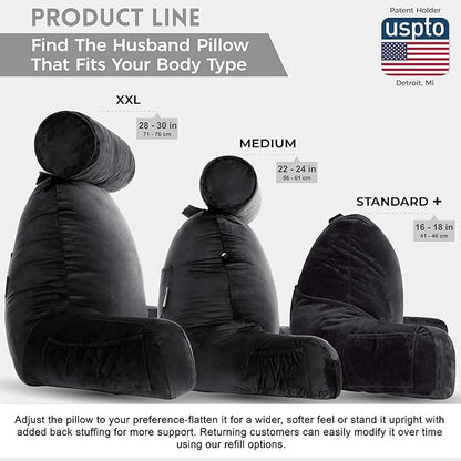 Husband Pillow XXL - Reading Pillow Bed Chair with Arms & Back Support - Black - Back Pillow for Bed Sitting Up - BedRest Arm Pillow - Comfy Reading Pillow for Adults
