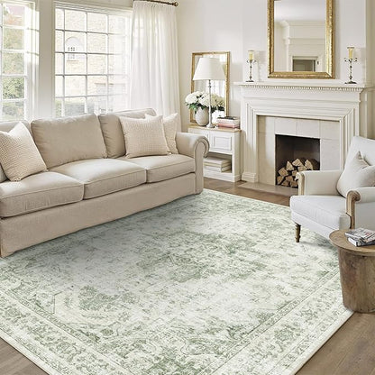 5x7 Vintage Washable Area Rugs Boho Medallion Large Distressed Retro Accent Carpet Floral Non-Slip Soft Low Pile Indoor Throw Rug for Living Room Bedroom Dining Room Office Kitchen, Green