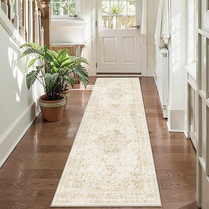 2x6 Hallway Washable Runner Rug Vintage Non-Slip Soft Kitchen Mat Boho Medallion Distressed Farmhouse Carpet Floral Low Pile Indoor Throw Rug for Entryway Bathroom Living Room Bedroom, Beige