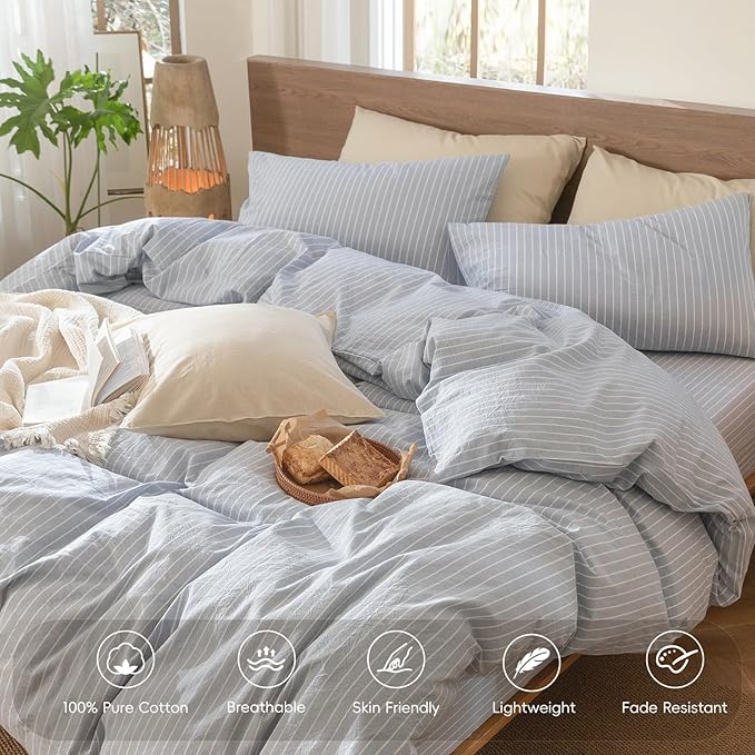 MooMee Striped Duvet Cover Set 100% Washed Cotton Linen Like Textured Breathable Durable Soft Comfy (Cornflower Blue White Wide Stripes, Super King Plus 120"x120")