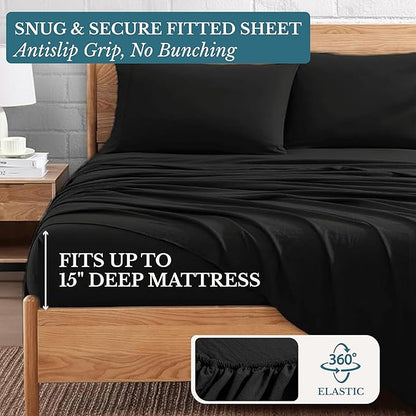 Casa Platino Twin XL Sheets, 3 Piece Set, Pre-Washed Ultra Soft & Breathable Bed Sheets Set, Brushed Microfiber Twin XL Bedding Sets, Twin XL Size Sheets with 15 inch Deep Pockets - Black