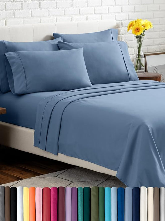 Bare Home Hotel Luxury Full XL Sheet Set, Extra Soft, 6 Piece Set, Deep Pockets, Easy Fit, Cooling & Breathable, Wrinkle, Fade, Stain Resistant, Includes 4 Pillowcases (Full XL, Coronet Blue)