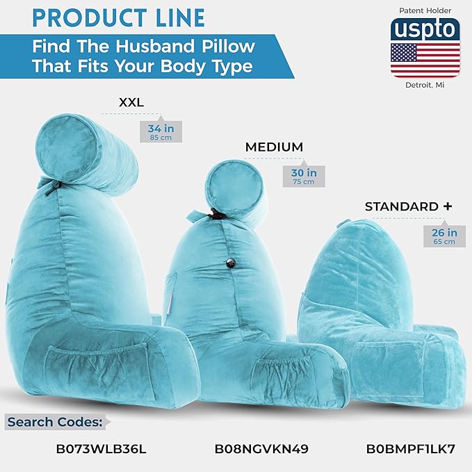 Husband Pillow Carolina Blue, Original Reading Pillow in Bed Rest Chair, Shredded Memory Foam Large Lounge Cushion Adult Backrest with Arms, Comfy Back Support, Sit Sitting Up, Wash/Removable Cover