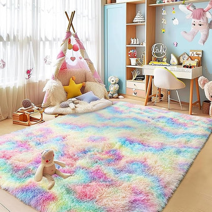 Fluffy Rainbow Rug for Bedroom Girls, 6x9 Cute Colorful Shag Rug for Kids Room, Soft Fuzzy Shaggy Rugs for Living Room Home Decor