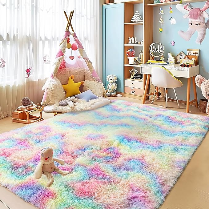 Fluffy Rainbow Rug for Girls Bedroom, 4x6 Cute Colorful Shag Rug for Kids Room, Soft Fuzzy Shaggy Rugs for Living Room Home Decor
