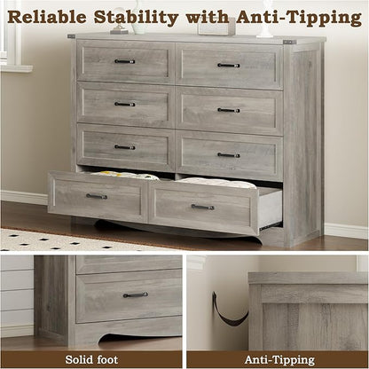 8-Drawer Dresser for Bedroom, Modern Wooden Chest of Drawers with Metal Handles, Anti-Tipping Design, Sturdy and Stable Storage Organizer for Living Room, Entryway, Home Office, Standard