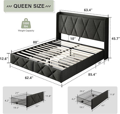 Feonase Queen Bed Frame with 4 Storage Drawers, Upholstered Button Tufted Storage Headboard with Fast Charging Station, Heavy Duty Slats Support, No Box Spring Needed, Noise-Free, Dark Grey