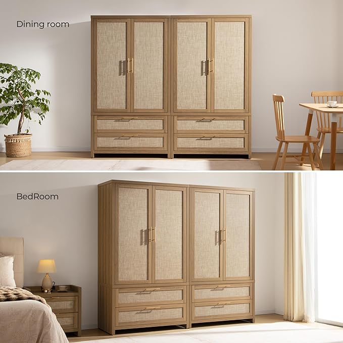 SICOTAS Armoire Wardrobe Closet, Larger Rattan Armoires Wardrobe Cabinet with 2 Larger Drawers and Hanging Rod, Tall Closet Storage Cabinet for Cloak Room, Laundry Room, Bedroom, Oak (3 Pieces)