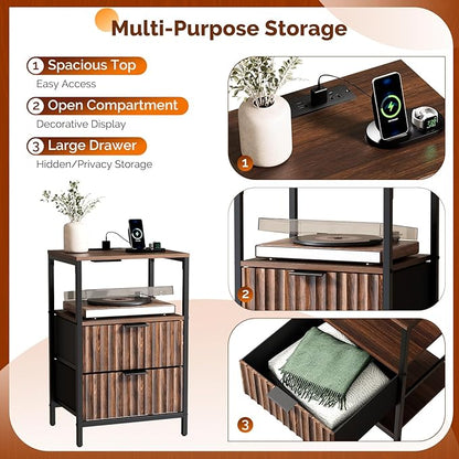 VINGLI Walnut Nightstand with Charging Station, Nightstand Fluted with Drawers Fabric, Bedside Table/End Table with Charger Station, Side Table Bedroom, Small Night Stand Dark Walnut