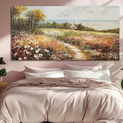 YETHEN WAL Floral Country Meadow Canvas Wall Art – Extra Large Cottage Landscape Panoramic Print, Rustic Farmhouse Countryside Décor for Living Room Bedroom, 29×58 Inch