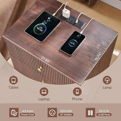 Fluted Night Stand with Charging Station, 21.65" Nightstand with 3 Drawer, 3 Drawer Dresser for Bedroom, Morden End Table Chests of Drawers Bedside Table for Bedroom, Living Room,Brown