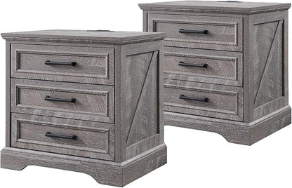 ACCOHOHO Farmhouse Nightstands Set of 2, 22 Inch Wide End Table with Charging Station & 3 Large Drawers, Rustic Wood Small Dresser Chest of Drawers for Bedroom, Living Room, Grey