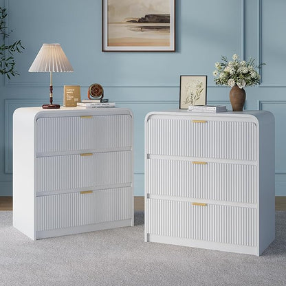 FURSUN 32" Tall Fluted Nightstand Set of 2, 3 Drawers Wooden End Table w/Storage, Curved Profile Design, Modern Bedside Table for Bedroom, Solid White