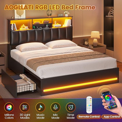 AOGLLATI Queen Bed Frame with Stylish Bookcase Headboard & Charging Station & LED Lights,Queen Size Bed Frame with 4 Drawers and Metal Slats, No Box Spring Needed,Black