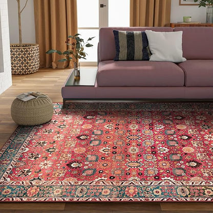 vivorug 8x10 Area Rugs for Living Room, Non-Slip Backing Washable Rug 8x10, Red Large Area Rug Soft Carpet for Bedroom Dining Room, Vintage, Easy Clean, Durable, Low Pile Rug Under Table
