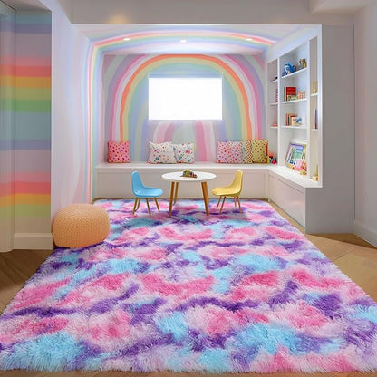 PAGISOFE Ultra Soft Rainbow Area Rugs for Girls Bedoom 4x6 Ft, Fluffy Cute Colorful Pastel Princess Carpet for Kids Teens Nursery,Dorm Rug for Room Decor Aesthetic,Hot Pink Purple Bedroom Decor