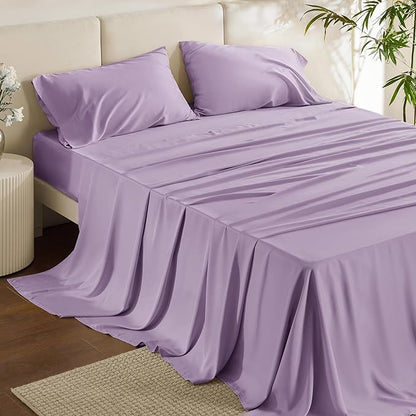 Bedsure California King Sheet Sets, Cooling Sheets for Hot Sleepers, Rayon Derived from Bamboo, Breathable & Soft, Deep Pocket Up to 16 Inches, Hotel Luxury Silky Bedding, Lilac
