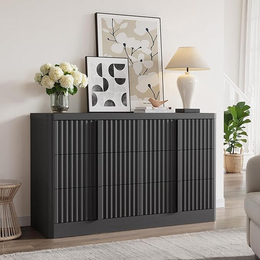 Fluted Dresser for Bedroom, 47" Wide 6 Drawer Dresser, Modern Chest of Drawers with Solid Wood Handle, Curved Profile Design, Wood Dressers Storage Organizer, Living Room, Hallway, Black