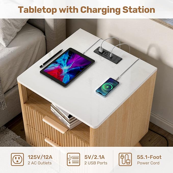 Modern Nightstand,Side Table with Charging Station,Bedside Tables with Drawer,Mid-Century End Tables Set (1-Piece),Natural Oak