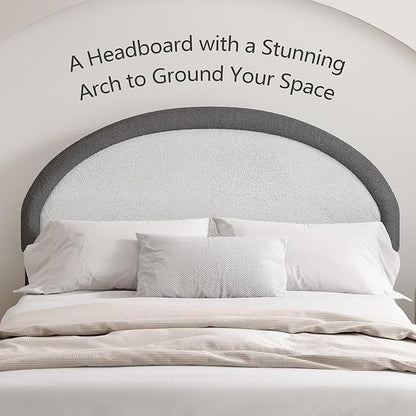 Queen Bed Frame, Boucle Upholstered Platform Bed Frame with Headboard, Grey Bed Frame, Soft Rounded Corners, No Box Spring Required, Easy Assembly
