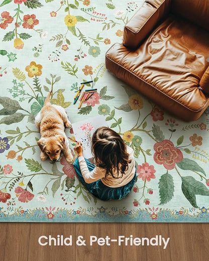 Amada 6x9 Area Rugs, Non-Slip & Low-Profile Living Room Rug with Reinforced Edge Binding, Soft Large Washable Boho Floral Rugs for Living Room, Bedroom, Dining Room