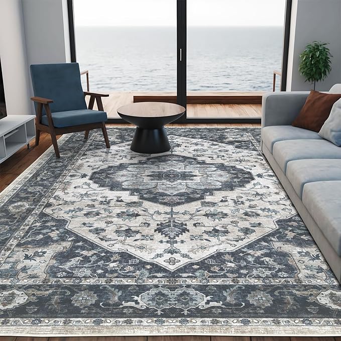 4x6 Vintage Washable Area Rug for Living Room,Low Pile Non Slip Carpet Non-Shedding Small Area Rug Soft Indoor Stain Resistant Rug Floral Print Mat for Bedroom Dining Room Blue Beige
