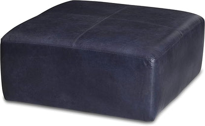 POLY & BARK Sequoia Ottoman – 35” Square Pouf with Feather-Down Topper – Full-Grain Leather Upholstered Pouf Ottoman for Living Room – Italian Leather in Midnight Blue