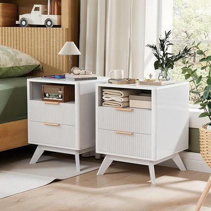 Modern Nightstand Set of 2, Side Table with Charging Station,Bedside Tables with Drawer, Mid-Century End Tables for Bedroom, Sturdy Storage Side Tables,White