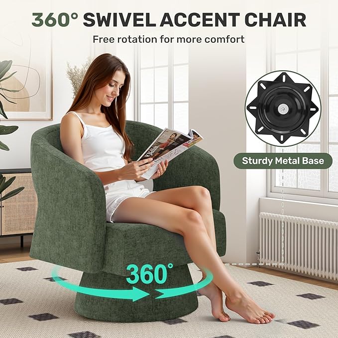 Swivel Accent Chair, Modern Comfy Chenille Barrel Chairs, Oversized Upholstered Round Arm Chair for Living Room, Bedroom, Reading Room, Green, 1 PCS