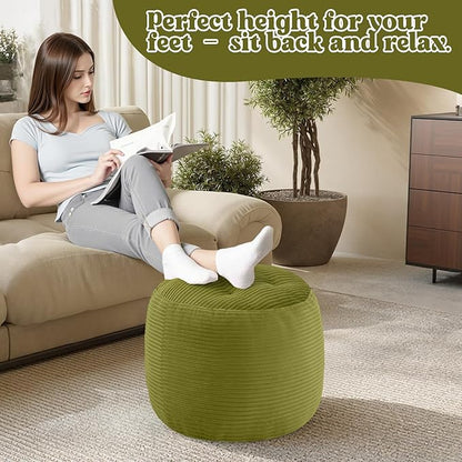 MeMoreCool Stuffed Round Pouf Ottoman Foot Rest, Floor Pouf Foot Stool with Soft Foam Chunk Filling, Round Small Ottoman Footstool Circle Footrest for Couch Living Room, Corduroy Green