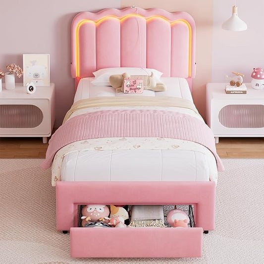 Velvet Upholstered Twin LED Bed Frame with Storage Drawer and Adjustable Chic Double Wavy Headboard, Princess Platform Bed for Girls/Kids, Solid Wood Slats Support, No Box Spring Needed, Pink