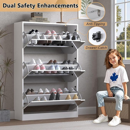 Shoe Cabinet with 3-Flip Mirror Drawers, Freestanding Shoe Rack Organizer with Hidden Handle, Slim Narrow Shoe Storage Cabinet for Entryway, Entrance, Hallway, Bedroom