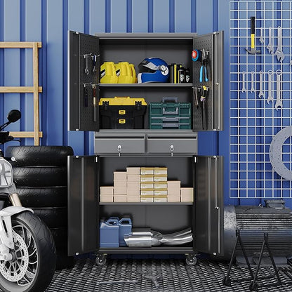 Garage Storage Cabinet with Wheels, Metal Storage Cabinet with 2 Drawers and 2 Adjustable Shelves, Metal Lockers with Pegboards for Homes, Offices, Kitchens, Schools and Pantries