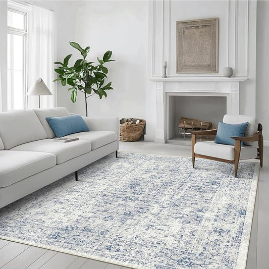 3x5 Rug, Small Area Rug for Living Room, Bedroom, Kitchen, Machine Washable Non-Slip Throw Rug, Vintage Distressed Floral Carpet for Entryway Nursery Dinner Room - Durable (Blue)