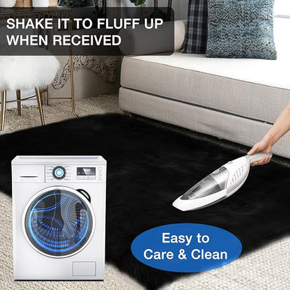 duduta Black Faux Sheepskin Fur Throw Rug 2x3 ft, Fluffy Shag Chair Cover Small Bedside Dorm Rug Non Slip Machine Washable