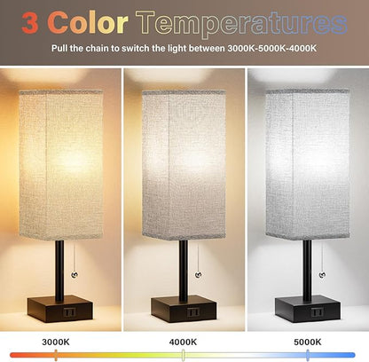 Grey Bedside Lamps for Bedroom Set of 2 - Small Nightstand Lamp with AC Outlet Charging Port, 3 Color Temperatures Rectangular Desk Light with Bulb, Tabletop Reading Lamp for Living Room/Dorm/Office