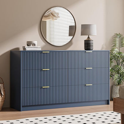 6 Drawer Dresser for Bedroom, 55" Wide Modern Chest of Drawers with Gold Metal Handles, Fluted Wood TV Stand for Living Room, Hallway(Navy Blue)