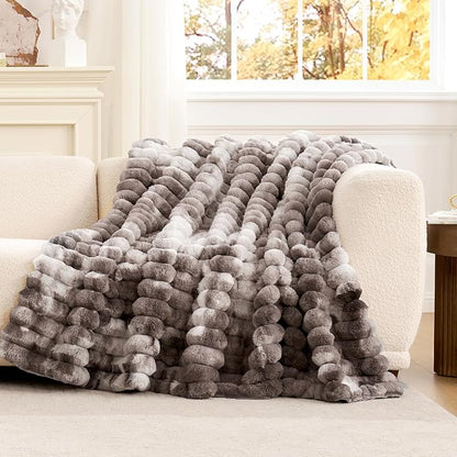 Cozy Bliss Faux Fur Throw Blanket for Couch, Cozy Warm Plush Striped Blanket for Sofa Bedroom Living Room, 60 * 80 Inches Tie-dye Grey